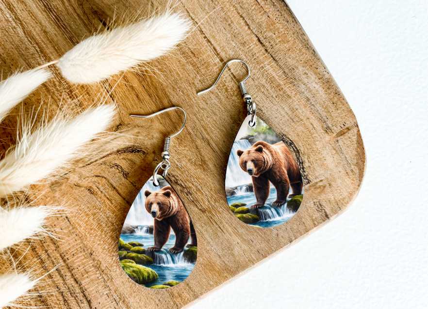 BROWN BEAR AT WATERFALL print dangle teardrop earrings