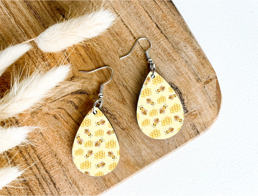 HONEY BEES & HONEYCOMB print dangle teardrop earrings