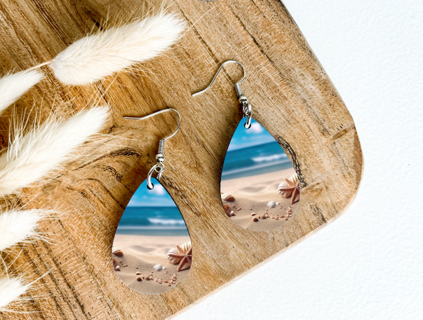 BEACH OCEAN STARFISH print dangle teardrop earrings