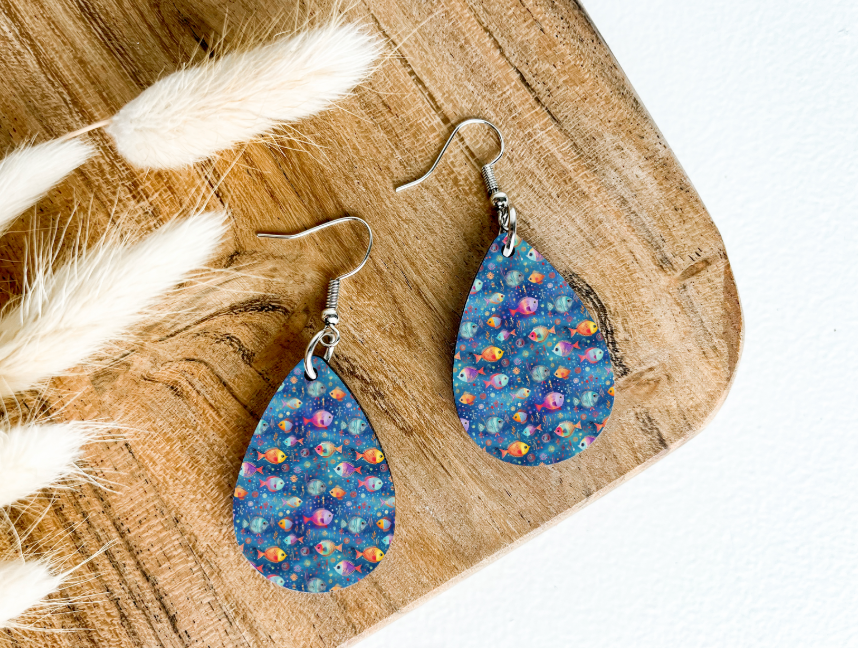 RAINBOW FISH IN WATER print dangle teardrop earrings