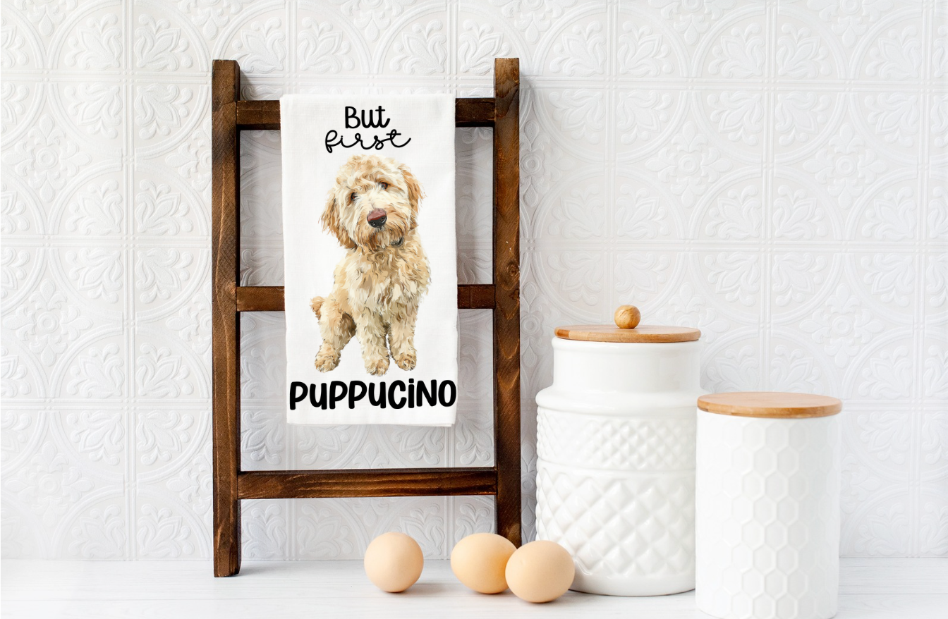 BUT FIRST PUPPUCINO Goldendoodle dog Microfiber kitchen towel 16x24