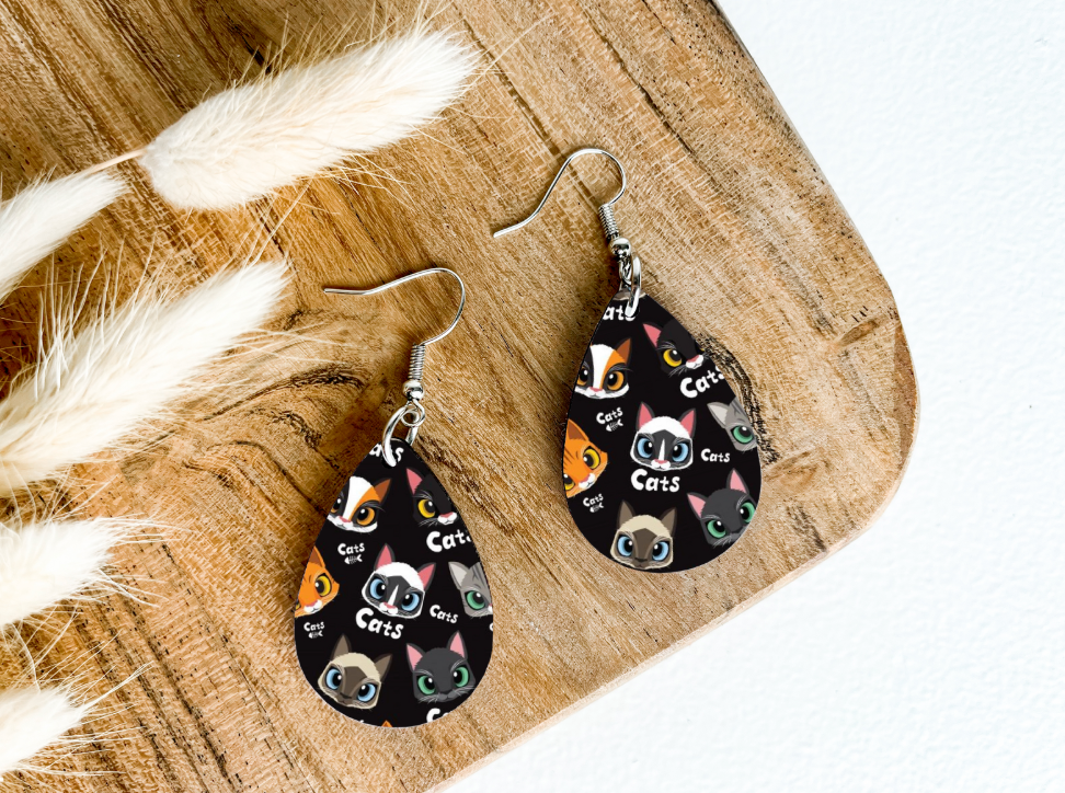 CAT FACES on black print dangle teardrop earrings