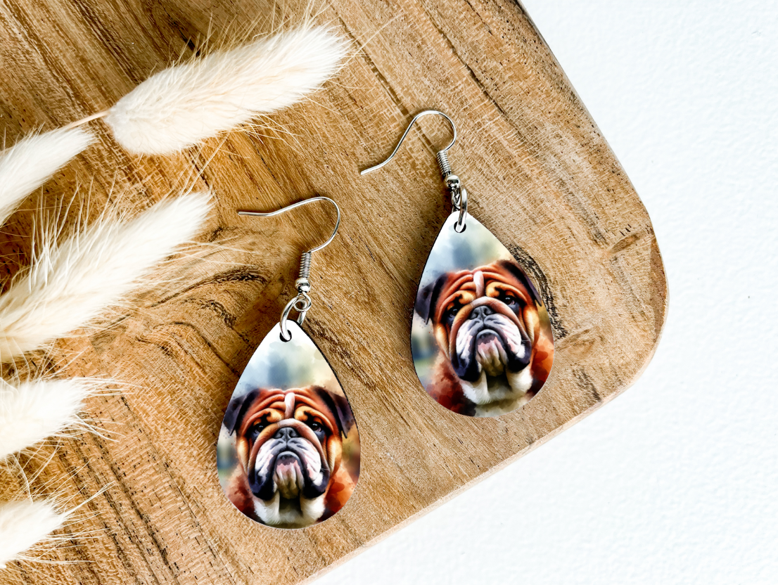 ENGLISH BULLDOG dog print dangle teardrop earrings