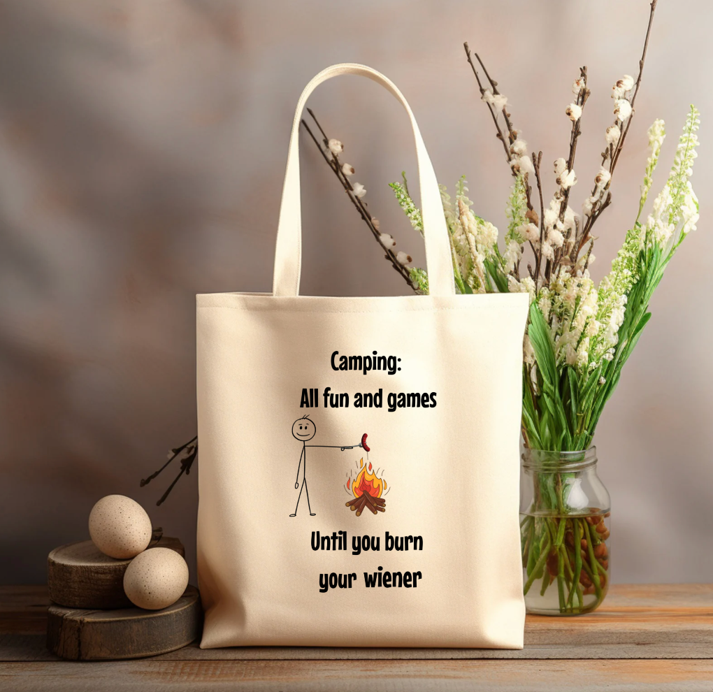 Camping BURN YOUR WIENER 12x14 canvas tote bag
