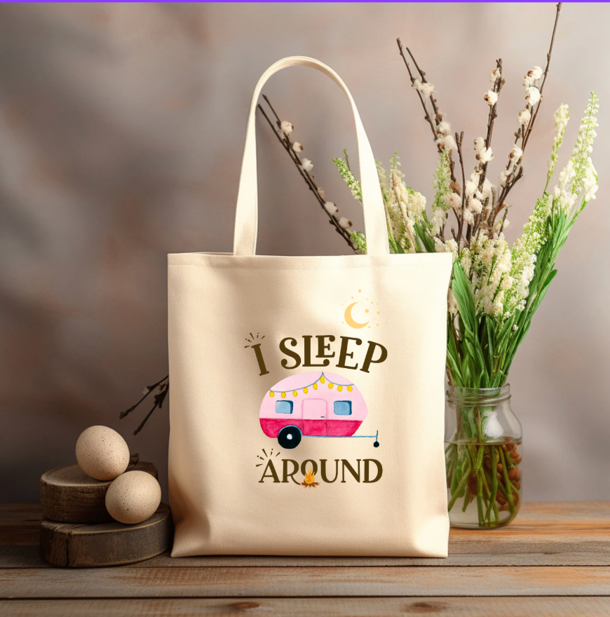 Camper I SLEEP AROUND 12x14 canvas tote bag