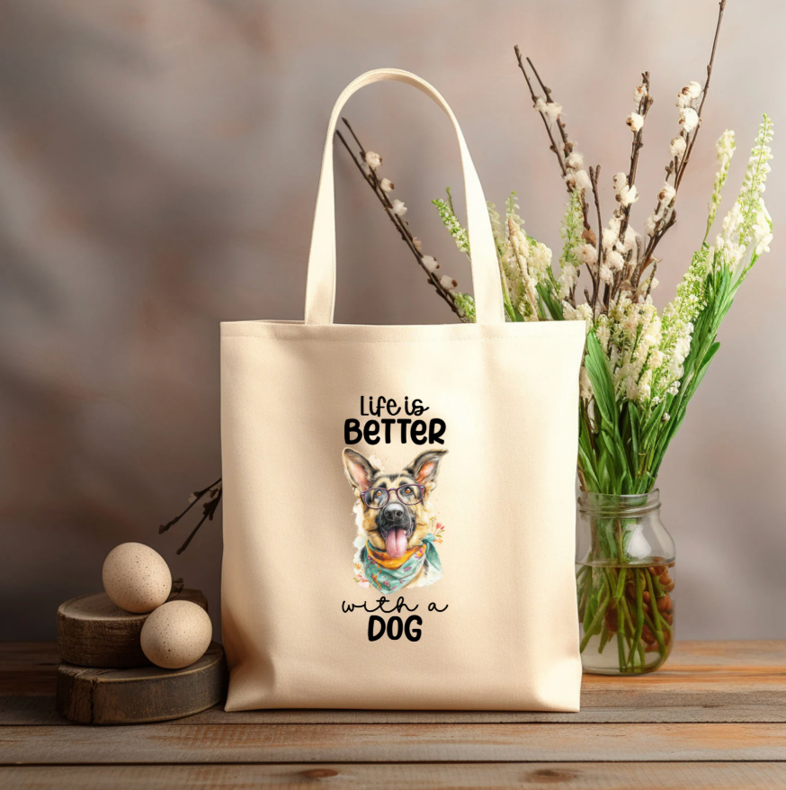 Life is better WITH A DOG 12x14 canvas tote bag