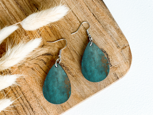 TEAL & BROWN GRUNGE print dangle teardrop earrings