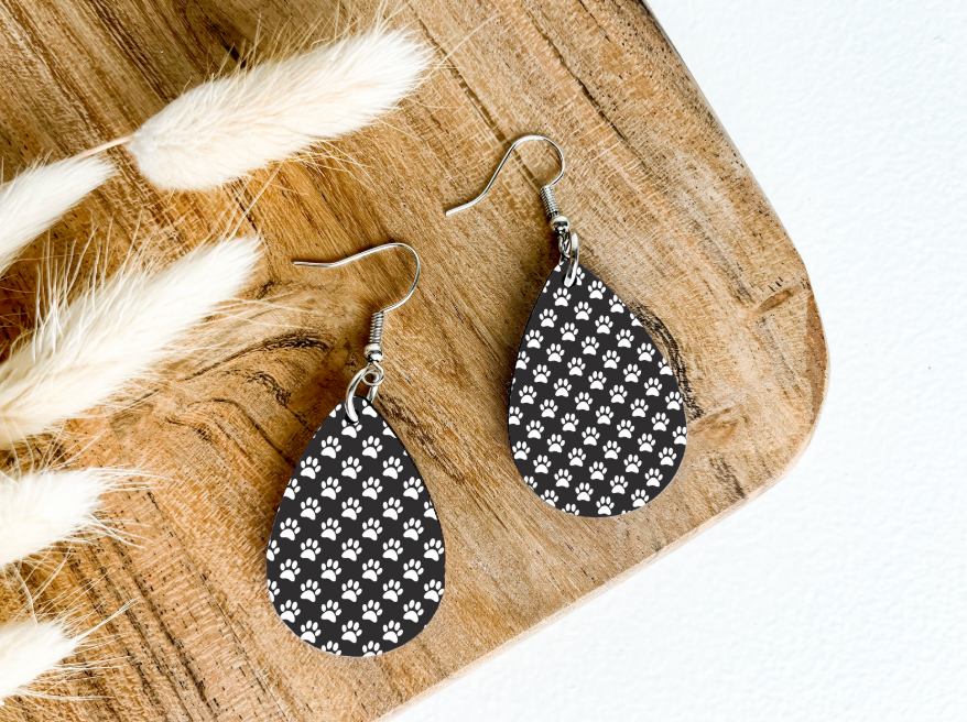 WHITE DOG PAW PRINTS ON BLACK print dangle teardrop earrings