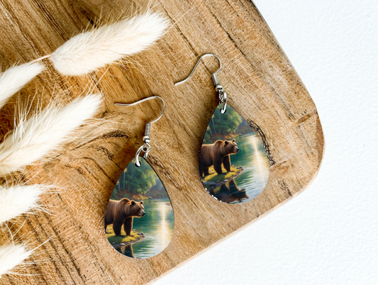 BROWN BEAR ON LAKE print dangle teardrop earrings