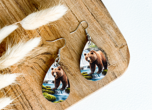 BROWN BEAR AT WATERFALL print dangle teardrop earrings