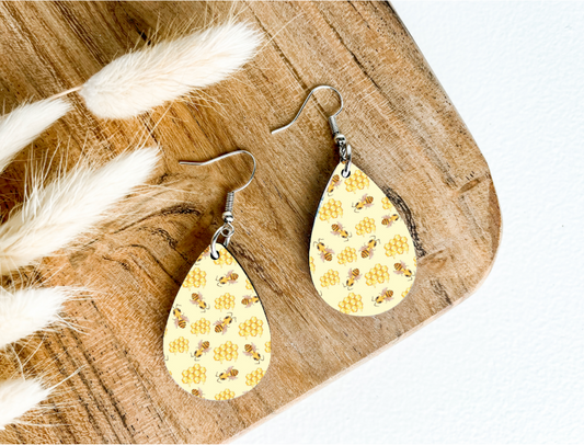 HONEY BEES & HONEYCOMB print dangle teardrop earrings