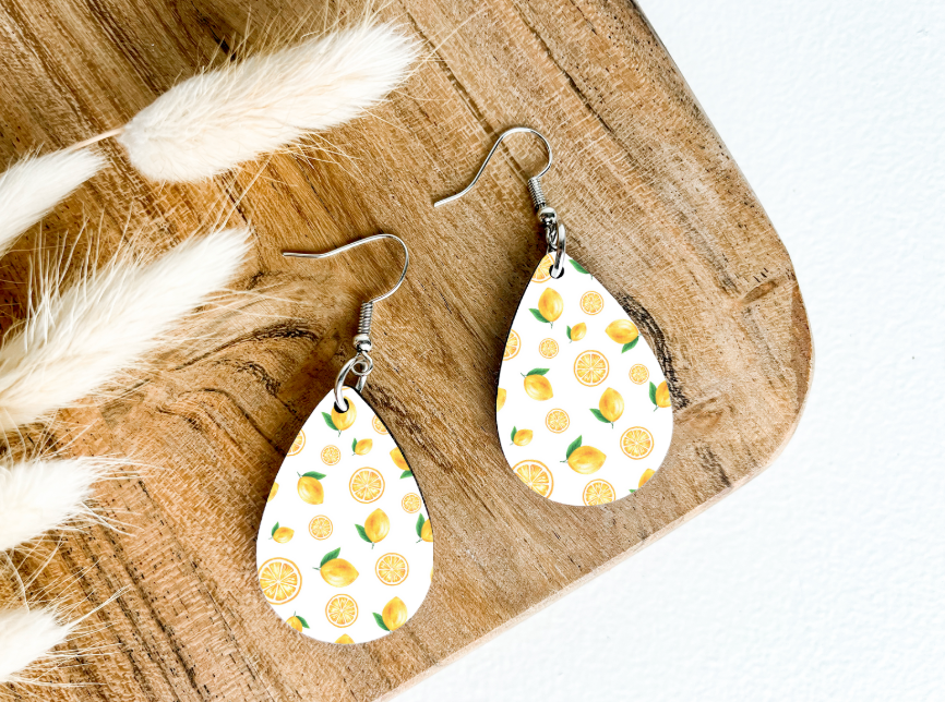 LEMONS ON WHITE print dangle teardrop earrings