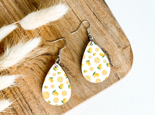 LEMONS ON WHITE print dangle teardrop earrings