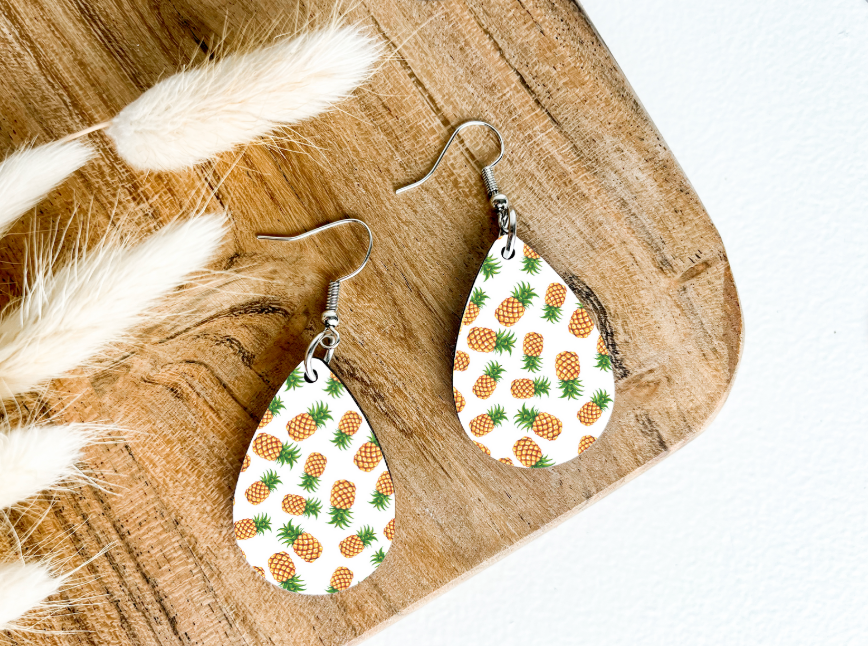 PINEAPPLES ON WHITE print dangle teardrop earrings
