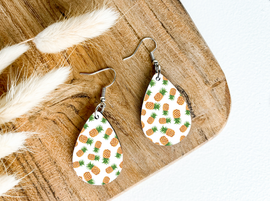 PINEAPPLES ON WHITE print dangle teardrop earrings