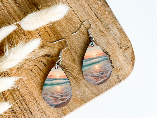 SUNSET BEACH OCEAN print dangle teardrop earrings
