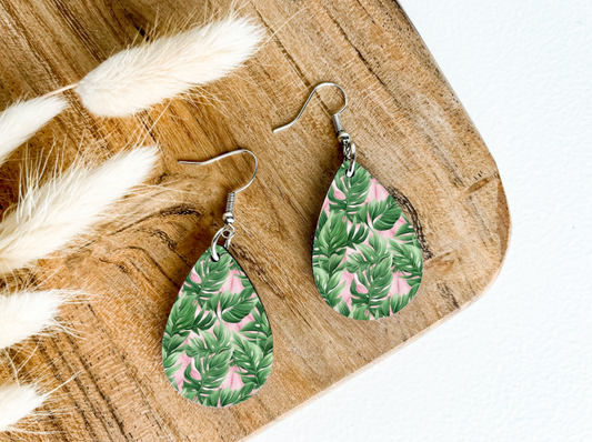 MONSTERA LEAVES ON PINK print dangle teardrop earrings