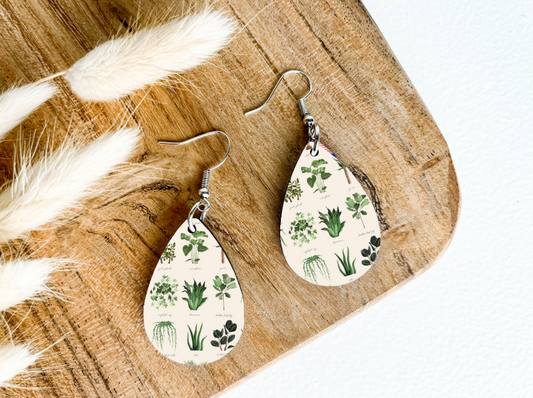 PLANTS ON CREAM print dangle teardrop earrrings