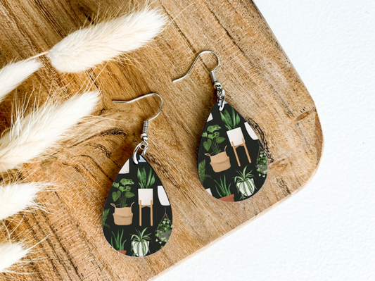 PLANTS ON BLACK print dangle teardrop earrrings