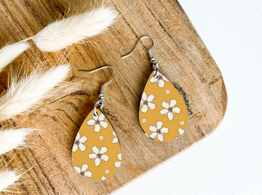 GOLDEN YELLOW FLOWER print dangle teardrop earrrings
