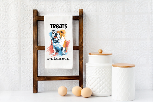 TREATS WELCOME Bulldog dog Microfiber kitchen towel 16x24
