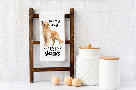 ON MY WAY TO STEAL YOUR SNACKS Golden Retriever dog Microfiber kitchen towel 16x24