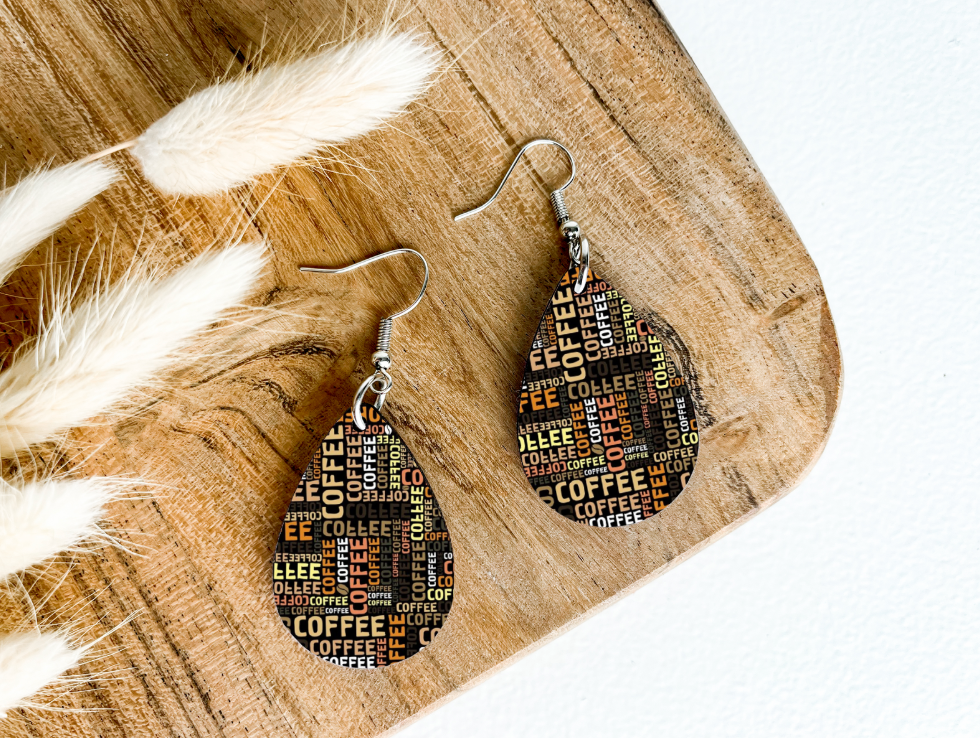 COFFEE WORDS print dangle teardrop earrings