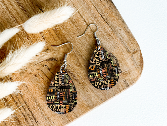 COFFEE WORDS print dangle teardrop earrings