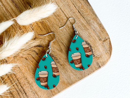 COFFEE TAKEOUT CUPS on TEAL print dangle teardrop earrings