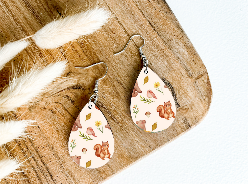 SQUIRREL AND BIRD print dangle teardrop earrings
