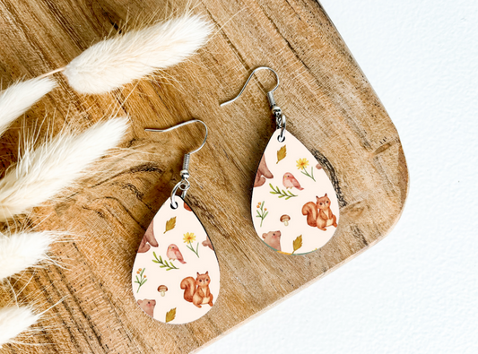 SQUIRREL AND BIRD print dangle teardrop earrings