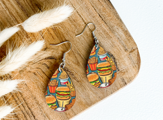 BURGER & FRIES on teal print dangle teardrop earrings