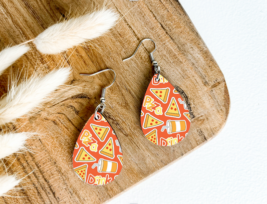 PIZZA on red print dangle teardrop earrings