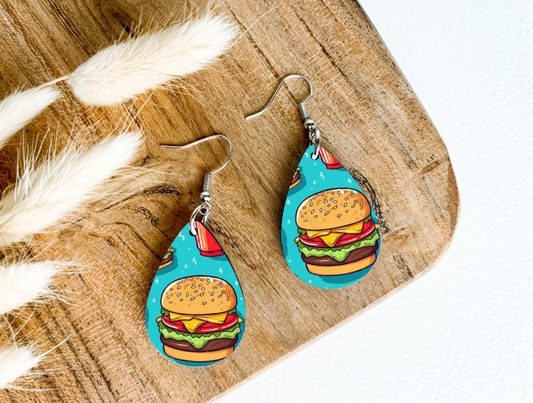 CHEESEBURGER on turquoise print dangle teardrop earrings
