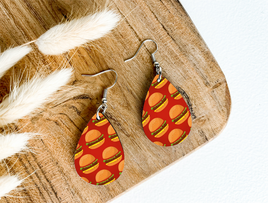 CHEESEBURGER on red print dangle teardrop earrings