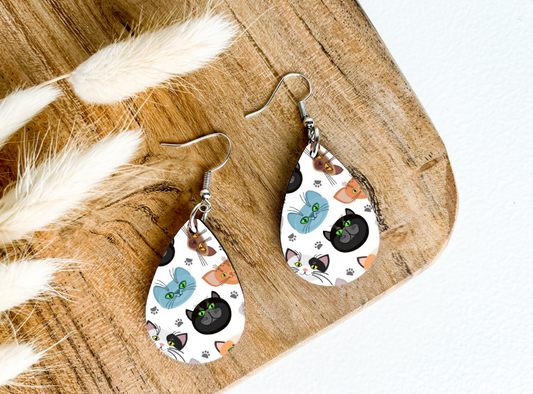 CAT FACES on white print dangle teardrop earrings