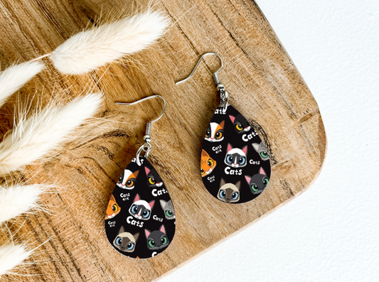CAT FACES on black print dangle teardrop earrings