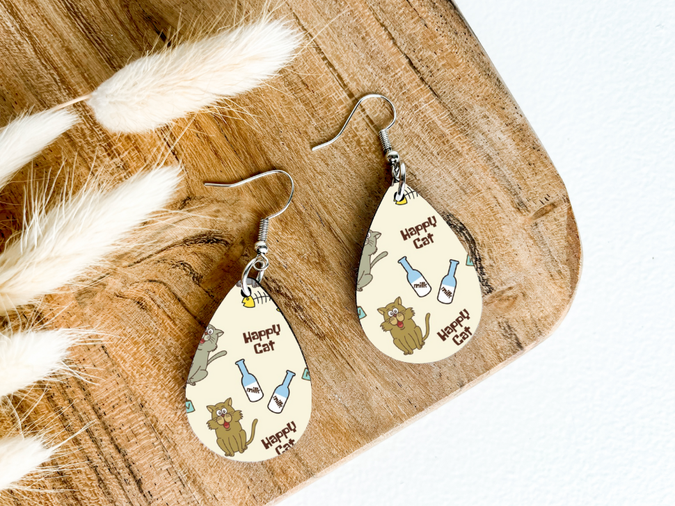 HAPPY CATS WITH MILK print dangle teardrop earrings