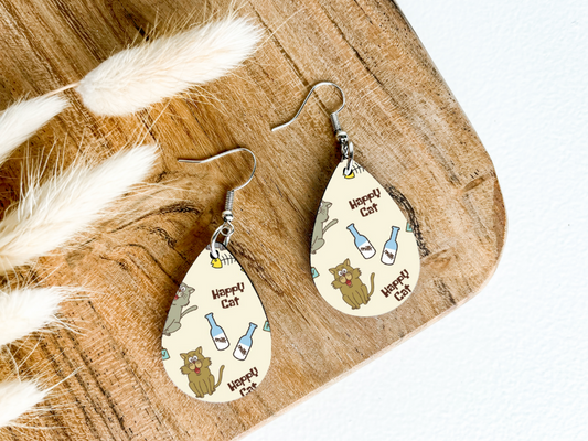 HAPPY CATS WITH MILK print dangle teardrop earrings