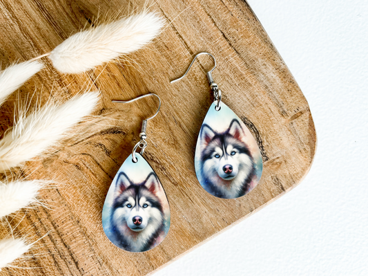 HUSKY dog print dangle teardrop earrings