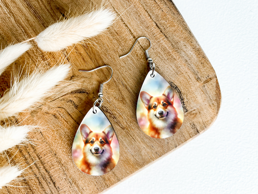 CORGI dog print dangle teardrop earrings
