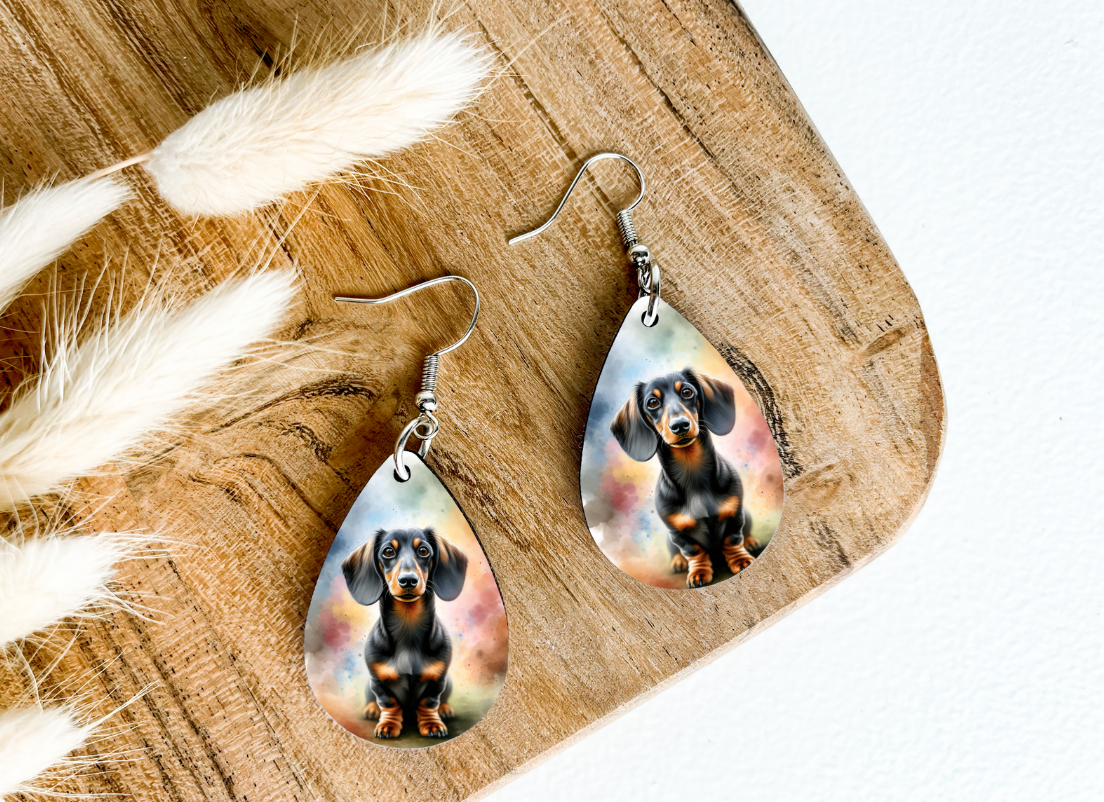 DACHSHUND dog print dangle teardrop earrings