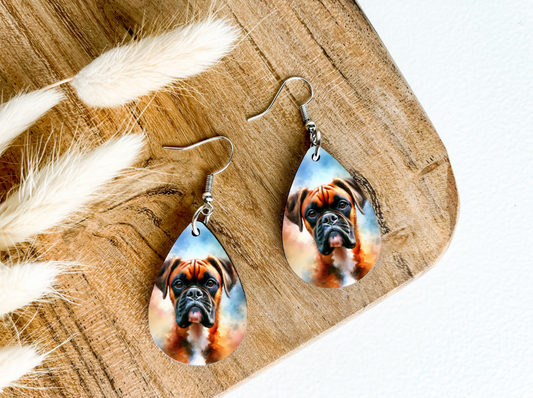 BOXER dog print dangle teardrop earrings