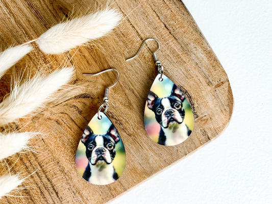 BOSTON TERRIER dog print dangle teardrop earrings