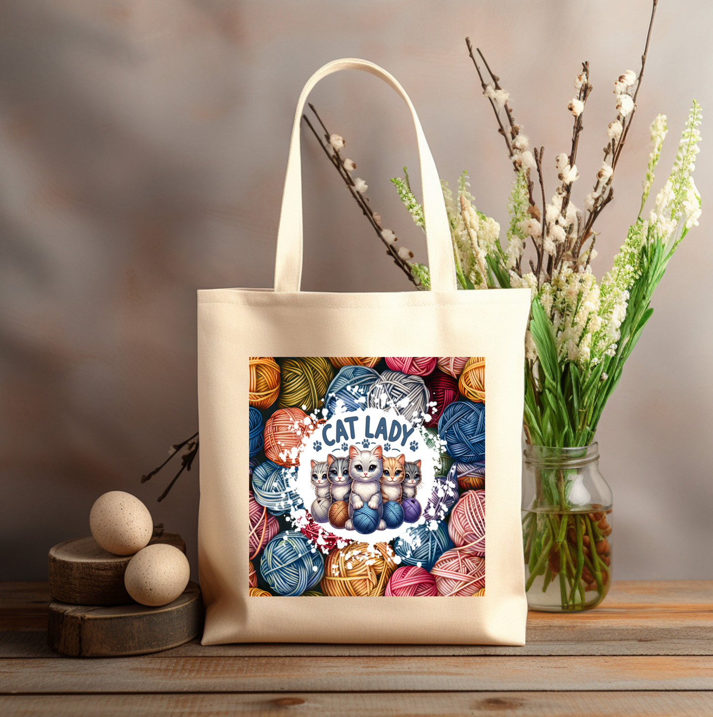 CAT LADY with yarn 12x14 canvas tote bag