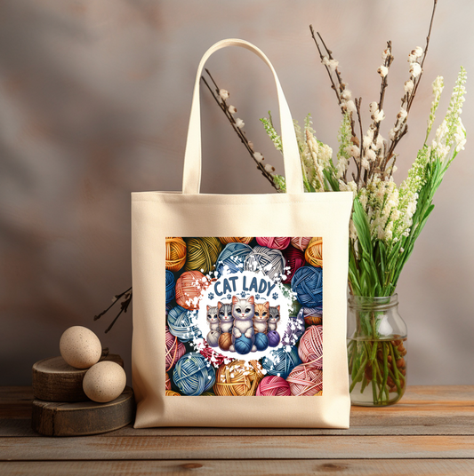 CAT LADY with yarn 12x14 canvas tote bag